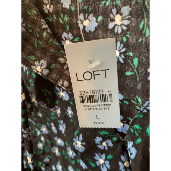NWT LOFT Women's Navy Blue Floral Print Ruffle Tie Neck Blouse Sz Petite Large - Picture 6 of 6